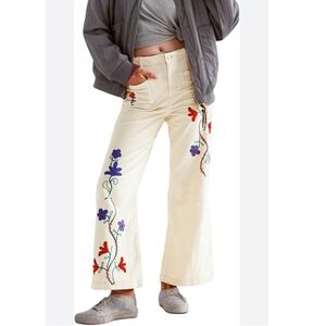 We The Free Cream Wide Leg Pants with Floral Embroidery